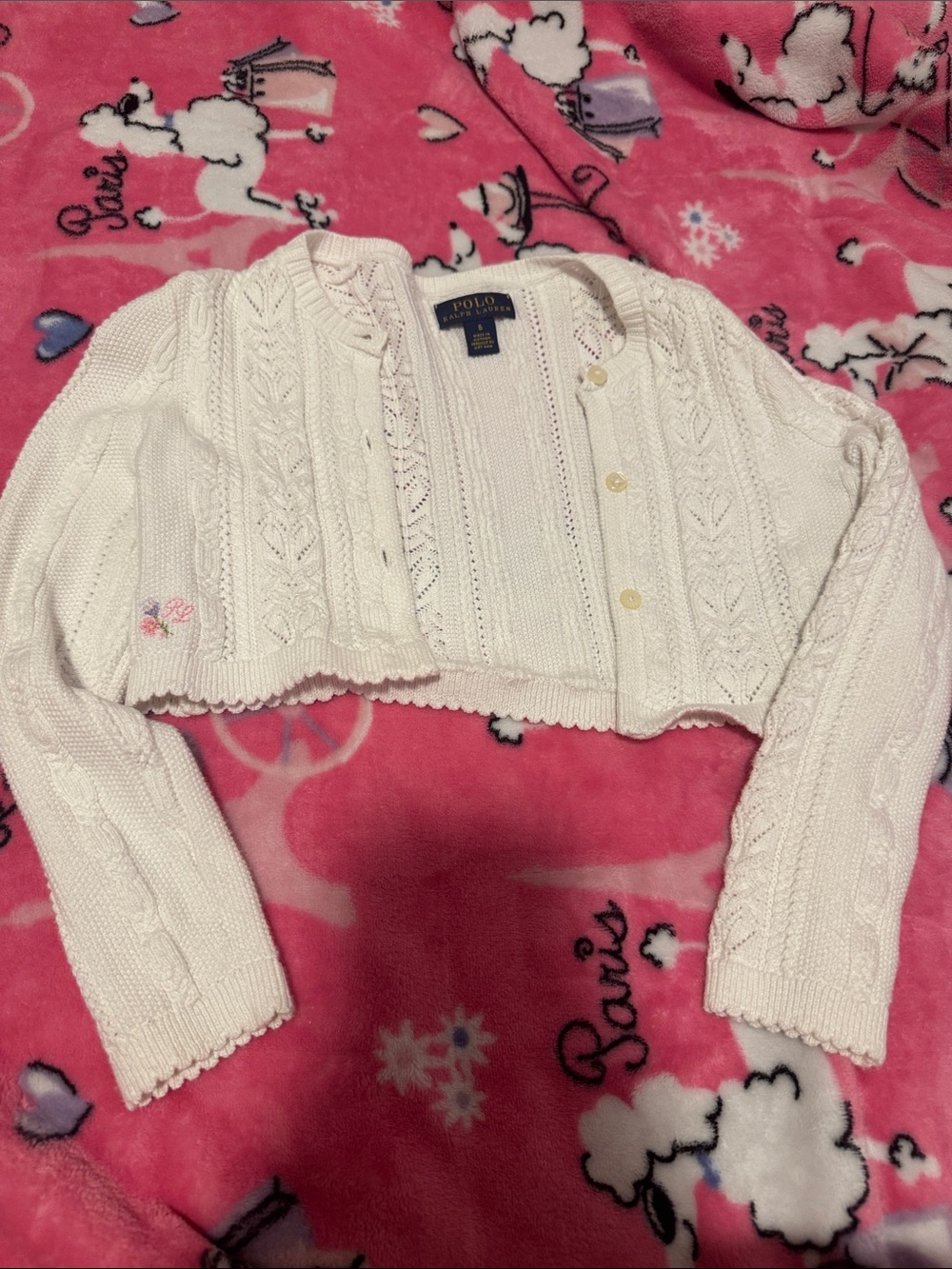 Polo by Ralph Lauren White Open-Knit Cardigan with Scalloped Trim